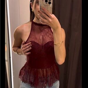 Zara Burgundy Lace Halter Peplum Camisole